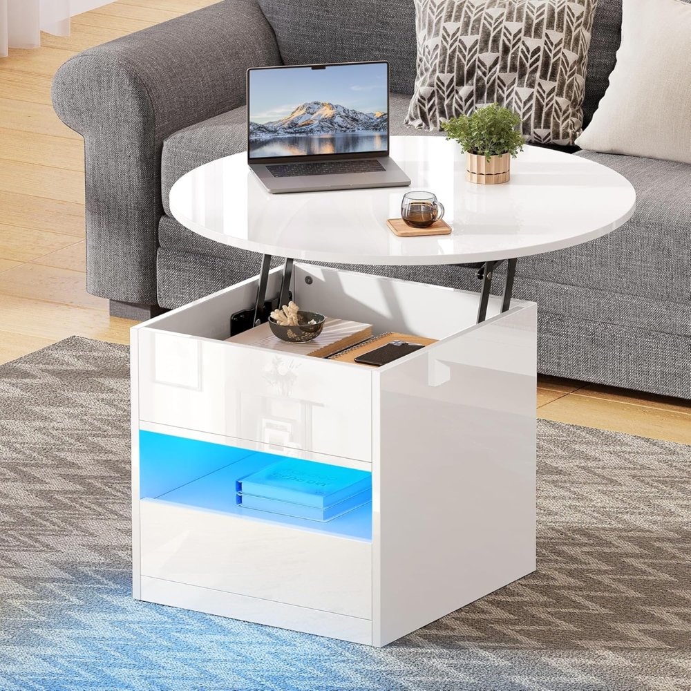 YITAHOME Couchtisch Höhenverstellbar, Couchtisch Rund mit Hebeplatte, Wohnzimmertisch Hochglanz mit verstecktem Ablagefach und LED Beleuchtung Modern, Beistelltisch Rund mit 1 Schubladen Bild 1