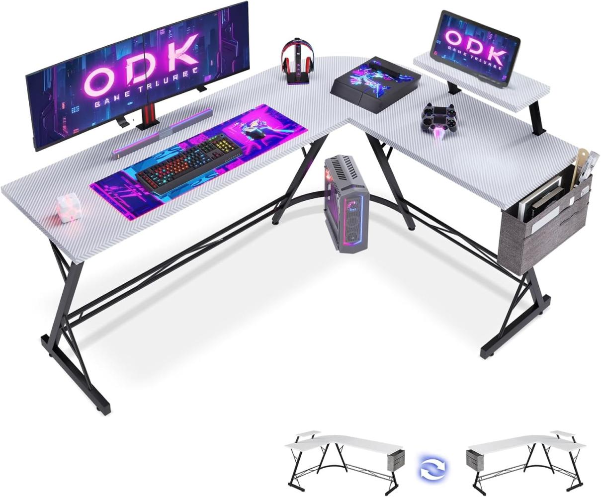 ODK Gaming Tisch, Computertisch, Gaming Schreibtisch mit runder Ecke, Gaming-Tisch mit Monitorablage (Kohlefaser Weiß, 167 x 120 cm) Bild 1