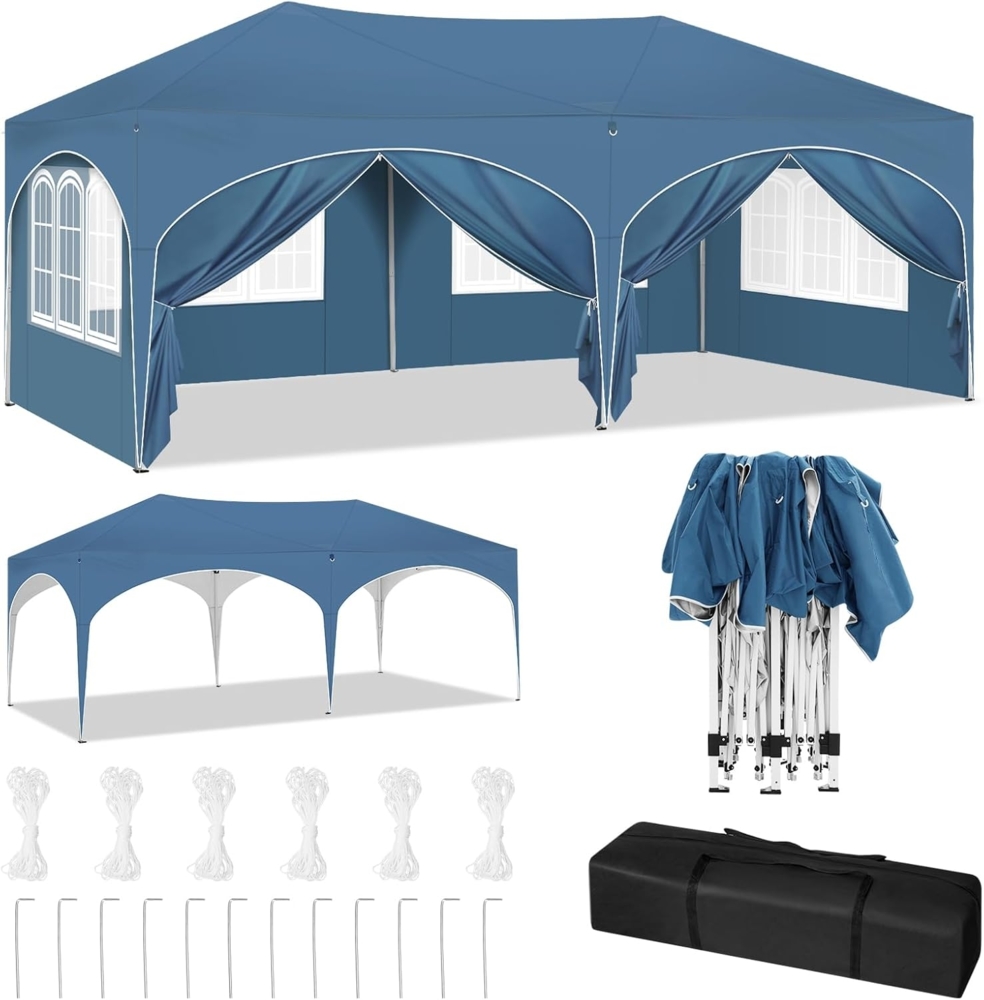 WOLTU Pavillon, Faltpavillon 3x6 m, mit 6 Seitenwänden, Partyzelt wasserabweisend UV-Schutz 50+, höhenverstellbarer Gartenpavillon, mit Tragetasche, für Outdoor Garten Camping Blau Bild 1