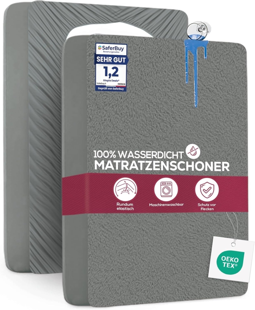 Utopia Bedding Matratzenschoner 160 x 200 x 30 cm Wasserdicht, Oeko-TEX Zertifiziert Matratzenauflage Atmungsaktive, Matratzenschutz, Rundum Elastisch Grau Bild 1