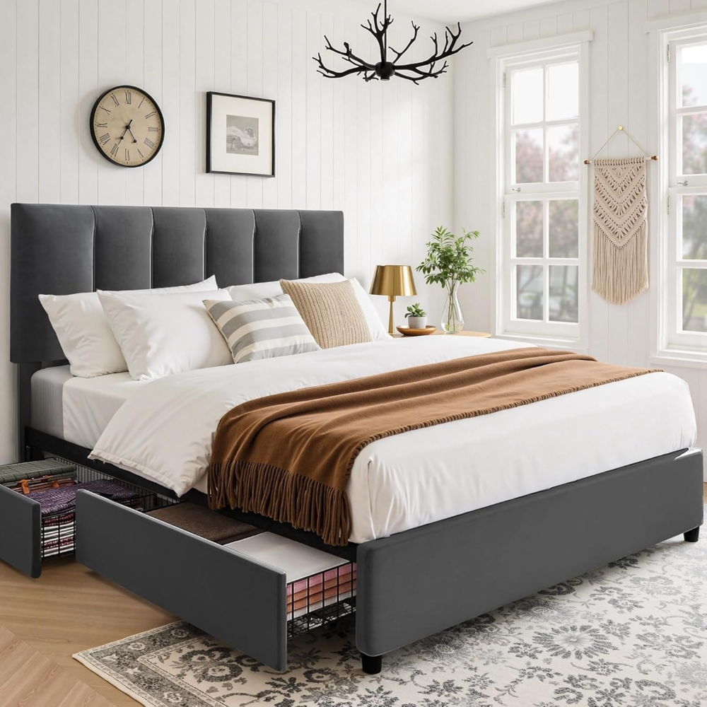 VECELO Polsterbett 140x200 cm Doppelbett mit 4 Schubladen und Höhenverstellbarem Kopfteil, Bettrahmen mit Lattenrost, Gepolstertes Bettgestell, Kein Boxspring erforderlich, Samt, Ohne Matratze, Grau Bild 1