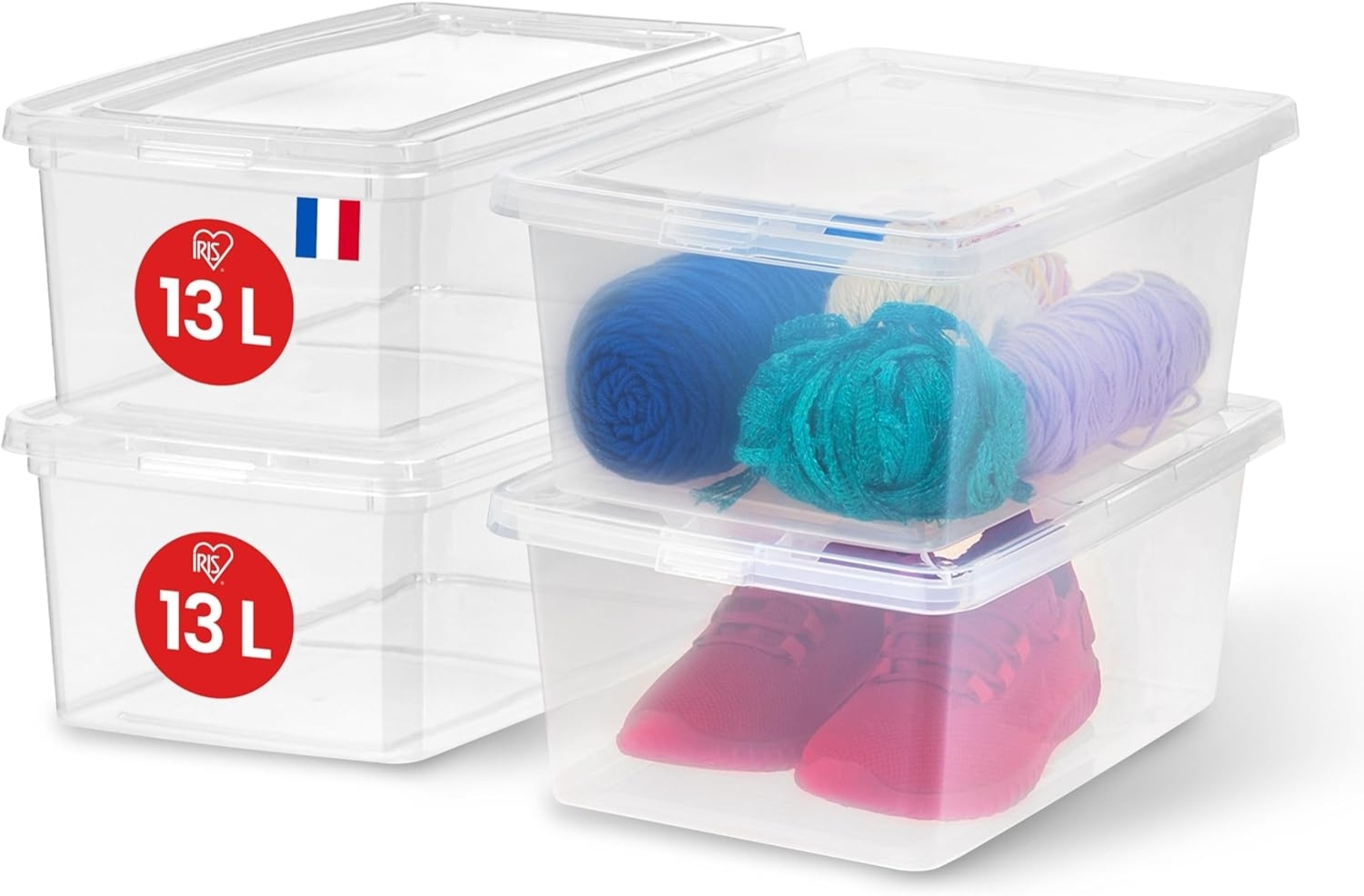 Iris Ohyama, Mehrzweck-Kunststoff-Aufbewahrungsbox, 13L, 4er Set, Transparent, Einfache Verschließung, Stapelbar, für Schlafzimmer, Küche, Büro, Badezimmer, Kleidung, Spielzeug, BPA-frei, CNL-13E Bild 1
