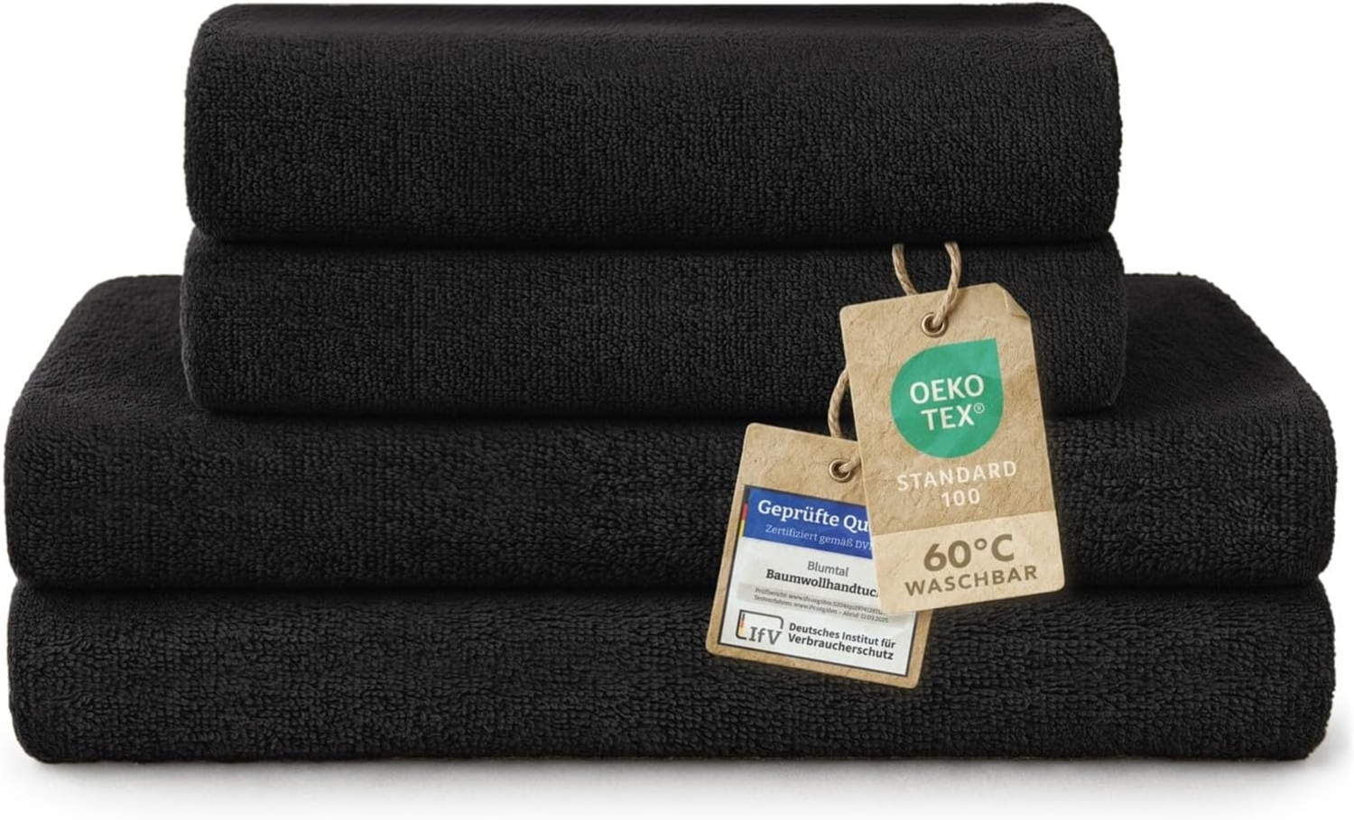 Blumtal Premium Frottier Handtücher Set mit Aufhängschlaufen - Baumwolle Oeko-TEX Zertifiziert, weich, saugstark - 2X Badetuch (70x140 cm), 2X Handtuch (50x100 cm), Schwarz Bild 1