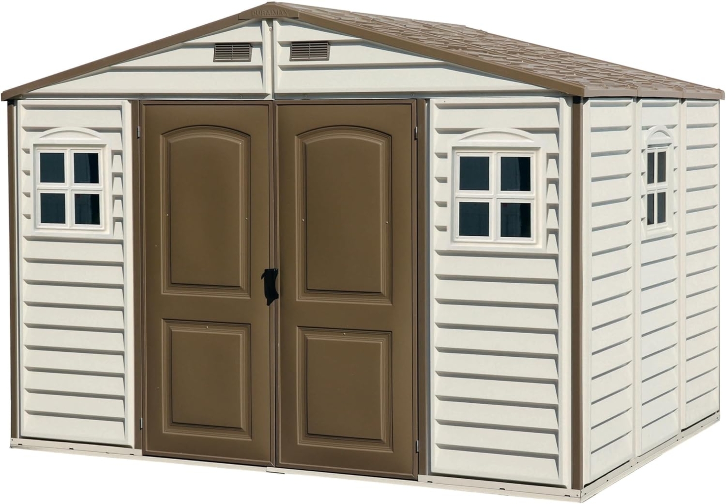Duramax WoodSide 10x8 (7.64 m²) Kunststoff gerätehaus mit 3 festen Fenstern und Metallfundamentset, Gerätehaus, wartungsfreie und robuste und Dachstruktur aus Metall, Ivory/Brown Bild 1