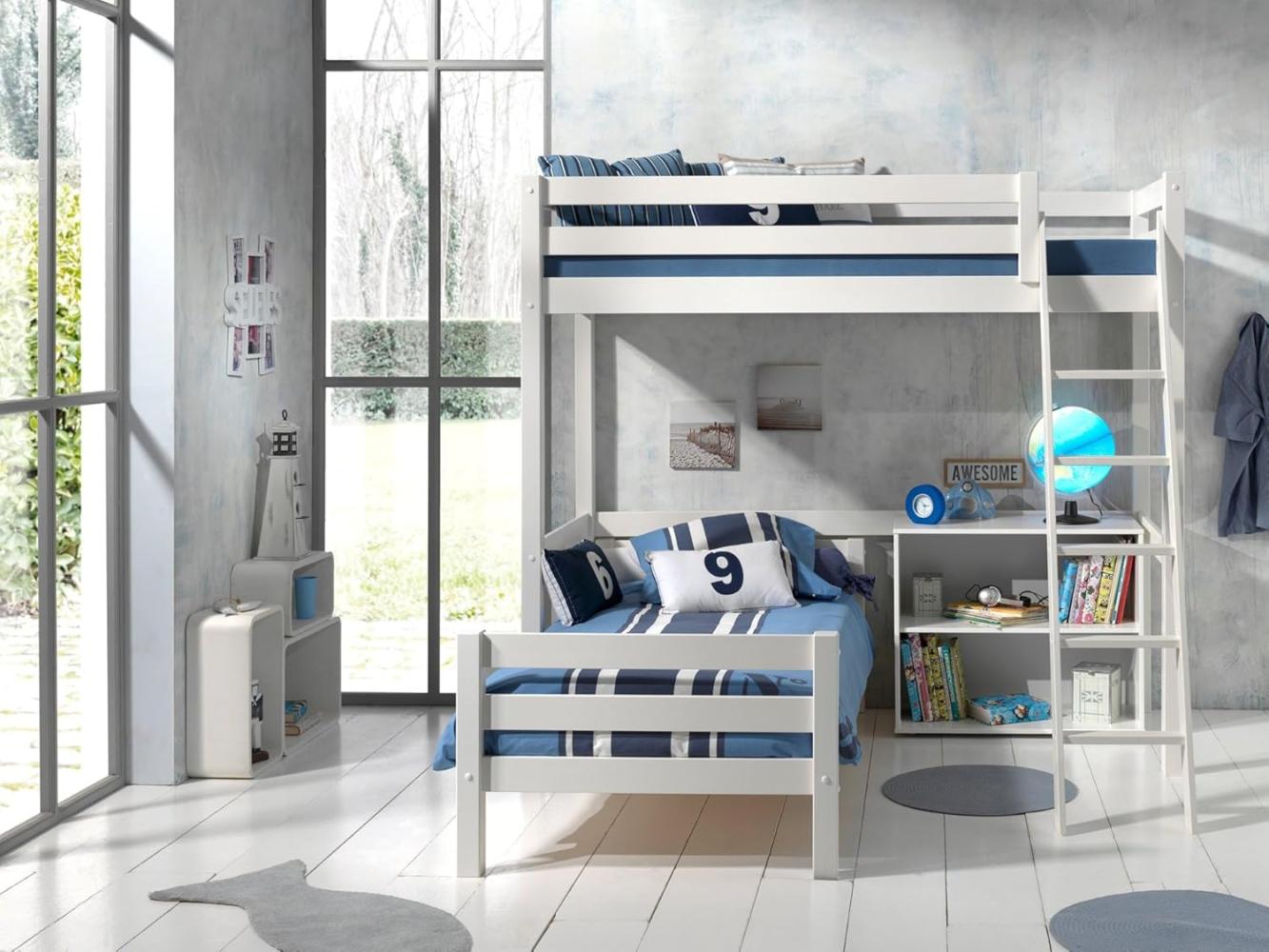 Vipack Winkel Hochbett weiß, mit 2 Liegeflächen 90x200 cm und Regal, Ausf. weiß lackiert Bild 1