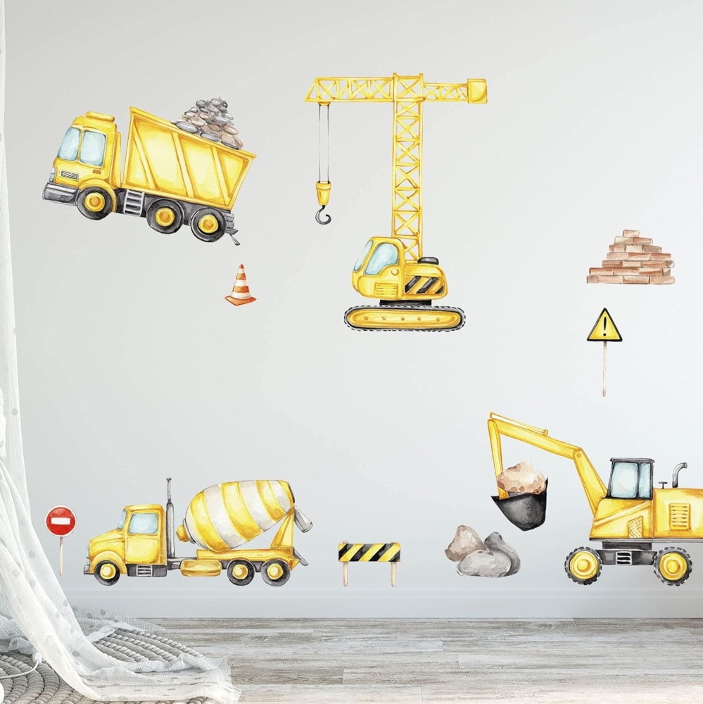 WANDKIND Wandtattoo Baustelle Set V313 mit Bagger LKW Baukran Betonmischer, rückstandslos entfernbar Bild 1