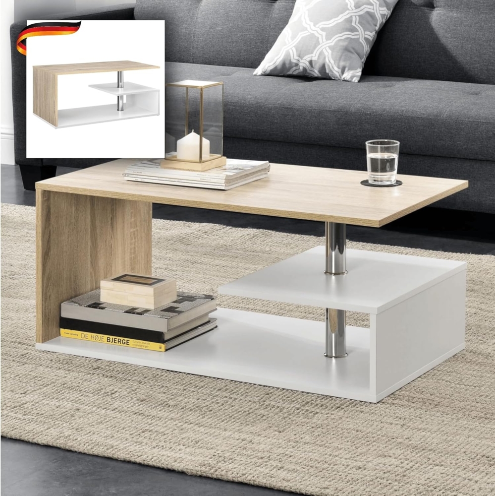 DELUKE® Couchtisch mit Stauraum CHILE - 90 x 50 x 41 cm Sofatisch rechteckig Stubentisch Wohnzimmertisch Kaffeetisch Beistelltisch Tisch für Couch Weiß-Braun Bild 1