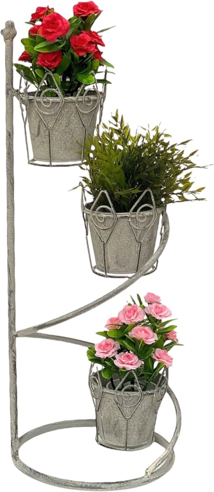 DanDiBo Blumentreppe Innen Metall Weiß Grau Rund 75 cm Blumenständer mit 3 Töpfe 96131 Blumenständer Blumensäule Pflanzenständer Balkon Vintage Bild 1