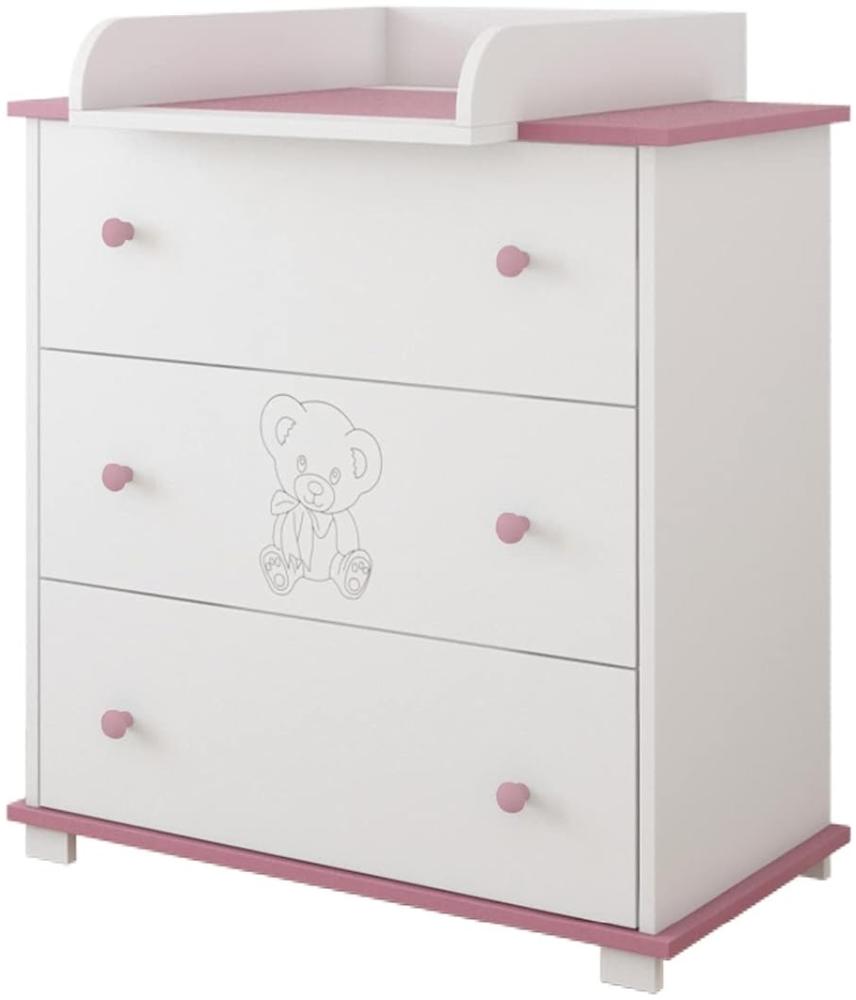 Kiki design Kommode mit Wickeltisch | 80x46 cm | Wickelkommode mit 3 Schubladen | Für Kinderzimmer | Gravierter Teddybär | Schrank für Kinderzimmer |Rosa Bild 1