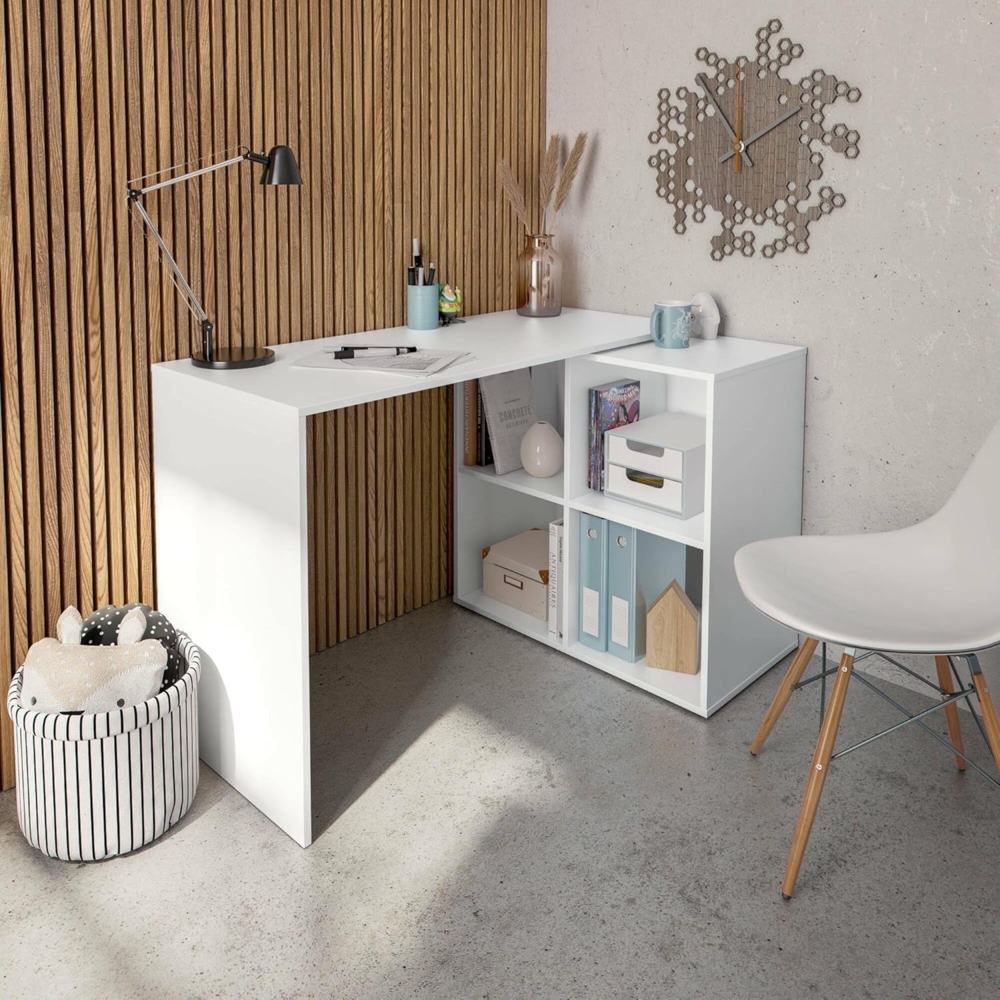 Dmora - Schreibtisch Revere, Eckschreibtisch, Mehrzweck-Bürotisch, platzsparender Schreibtisch mit Mehreren Positionen, 152 x 49 x 74 cm, Weiß Bild 1