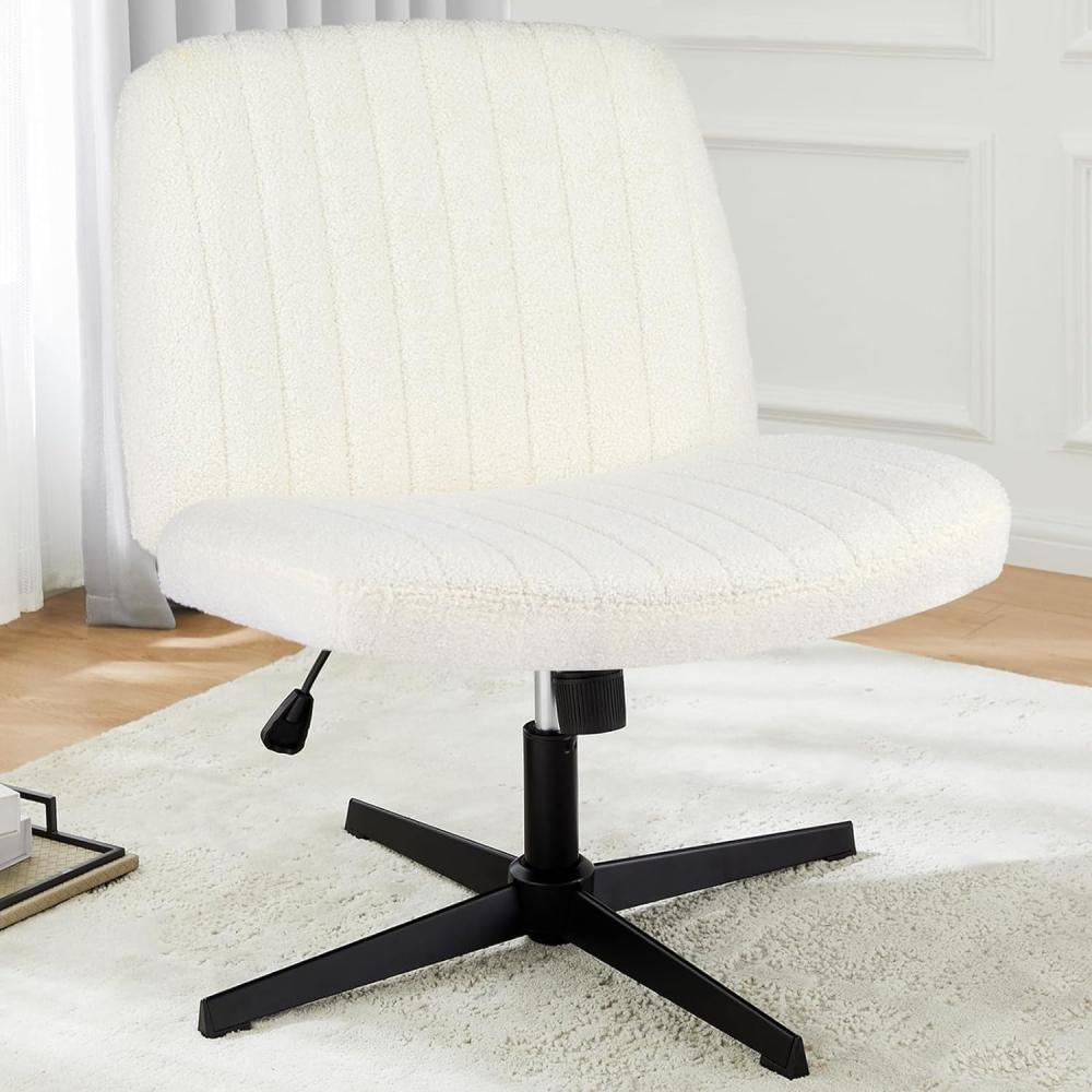 DUMOS Bürostuhl Ohne Armlehne, Teddysamt und Bequemes Netzgewebe Criss Cross Chair, mit Verbreitertem Sitzkissen Schneidersitz Stuhl, Geeignet für Büros, Schlafzimmer und Wohnzimmer (Weiß) Bild 1