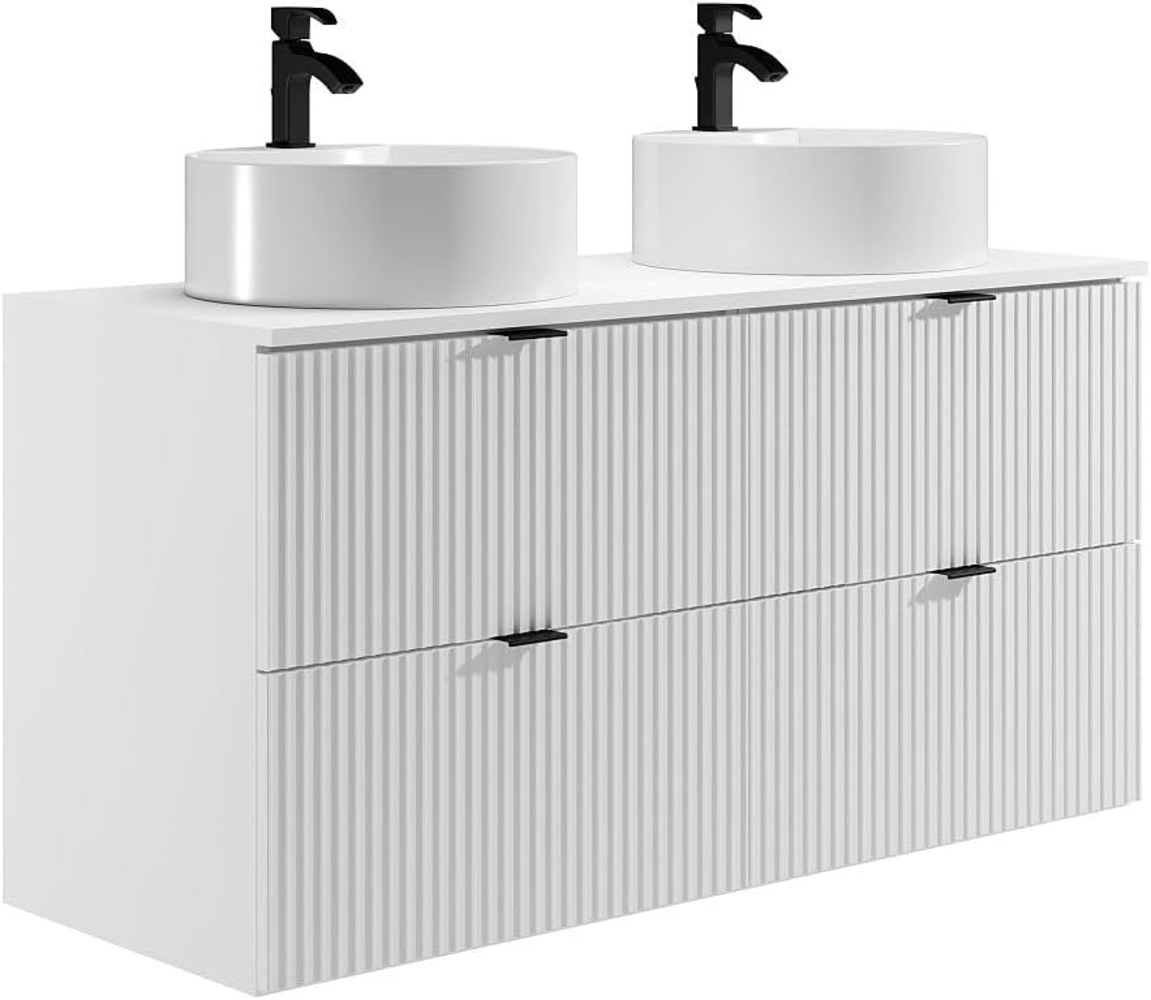 Vente-unique - Waschbeckenunterschrank hängend - Streifenoptik - Weiß matt - Aufsatzwaschbecken rund - 120 cm - ZEVINI Bild 1