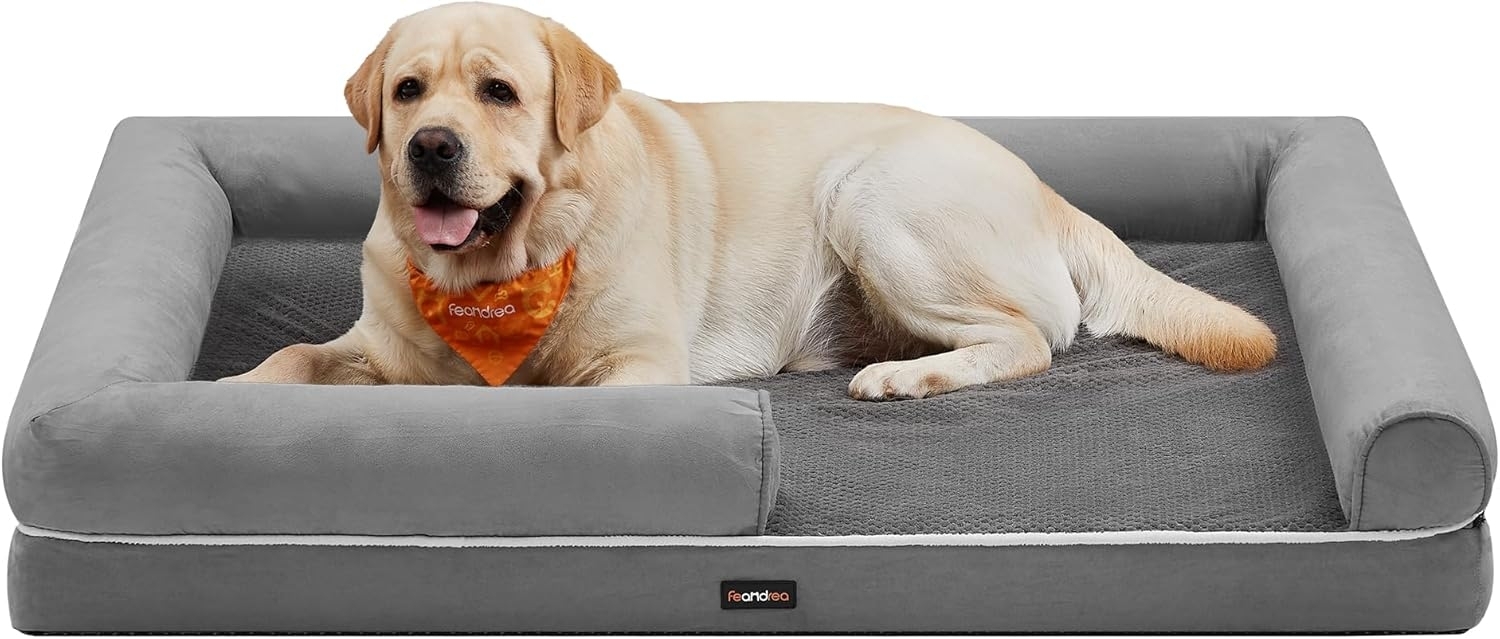Feandrea Orthopädisches Hundebett, Hundekissen, Hundekorb, weiche Polsterung, Hundesofa, erhöhte Ränder, Bezug abnehmbar und waschbar, 135 x 107 x 25 cm, rutschfeste Unterseite, hellgrau PGW079G02 Bild 1