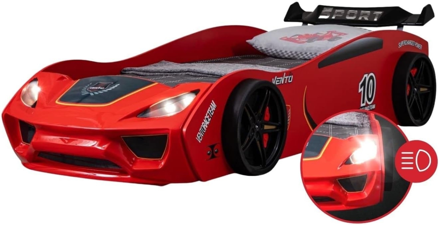 Coemo Kinder Autobett Dream Racer Kinderbett 90x200 im Rennwagen Design mit LED Beleuchtung und Lattenrost für Jungen und Mädchen - Betten Farbe Rot - Rennbett Bild 1