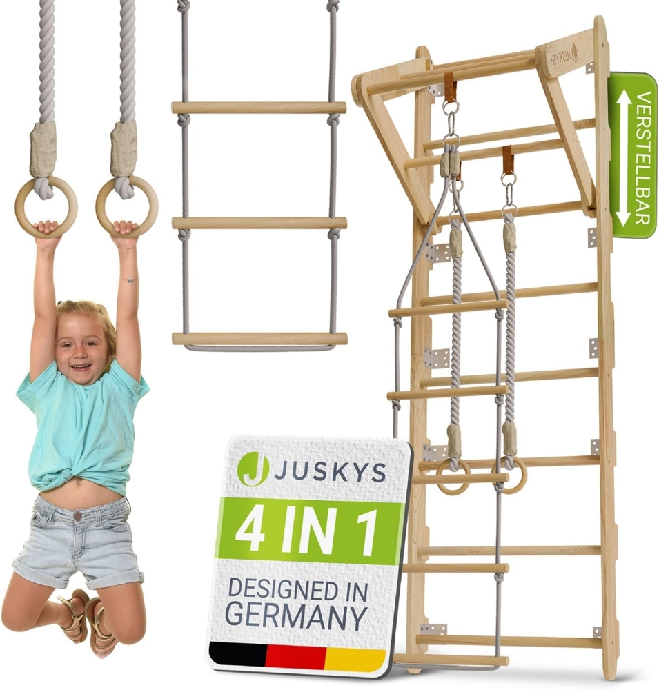 Juskys Sprossenwand, für Kinder, Kletterwand mit Strickseil, Turnringen und Klimmzugstange Bild 1