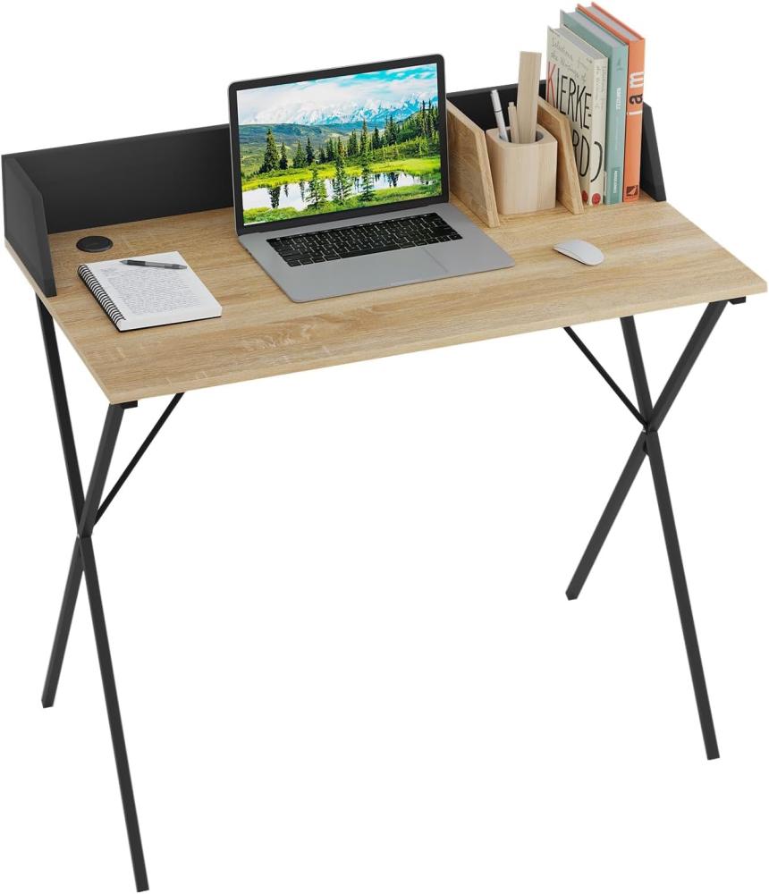 eSituro SCD0154 Schreibtisch Computertisch 90x50x73CM Bürotisch PC Tisch Arbeitstisch für Home, Büro, Metall + MDF, Hell Eiche + Dunkelgrau Bild 1