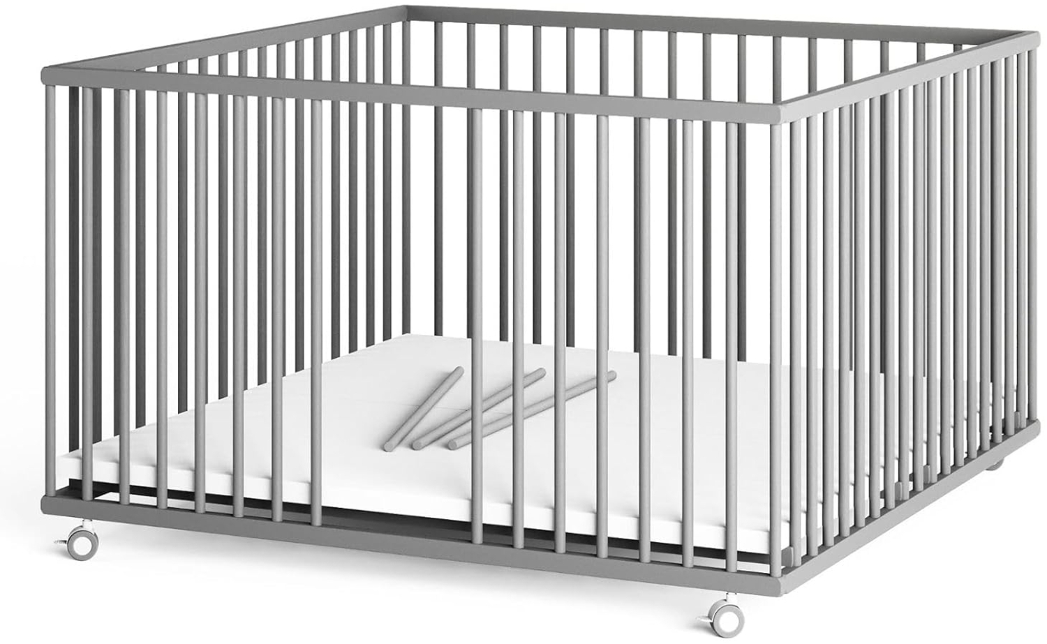 Sämann Laufstall Baby XXL 120x120 cm mit Matratze Cloud Air und 3 Schlupfsprossen | TÜV geprüft 2024 | stufenlos höhenverstellbar | Laufgitter Premium | Babybett aus Holz | Krabbelgitter grau Bild 1