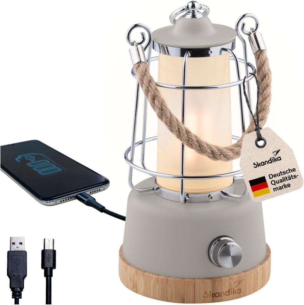 Skandika LED Gartenleuchte Campinglampe Kiruna, aus Bambus, Ringaufhängung, mit Powerbank, Retro Outdoor Lampe, stufenlos dimmbar, kabellos, 75h Leuchtzeit, Akku Bild 1