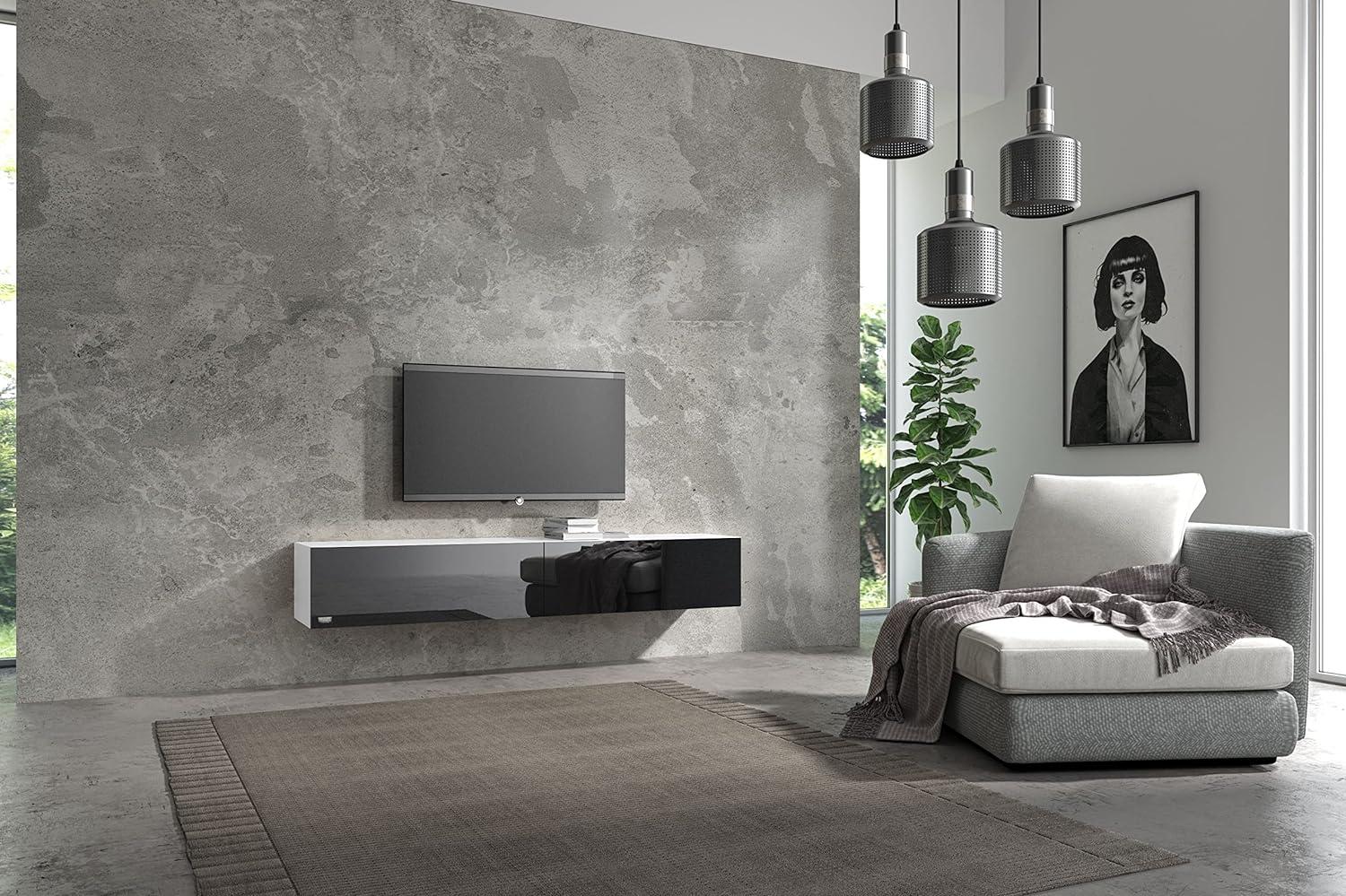 Wuun® TV Board hängend/8 Größen/5 Farben/180cm Matt Weiß- Schwarz-Hochglanz/Lowboard Hängeschrank Hängeboard Wohnwand/Hochglanz & Naturtöne/Somero Bild 1