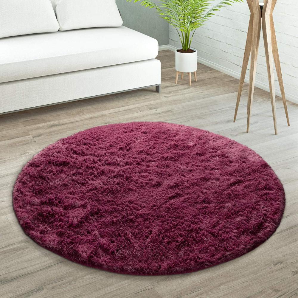 Paco Home Hochflor Teppich Wohnzimmer rutschfest Fellteppich Shaggy Flauschig Weich Modern Kunstfell Fell Imitat Einfarbig, Grösse:200 cm Rund, Farbe:Lila Bild 1