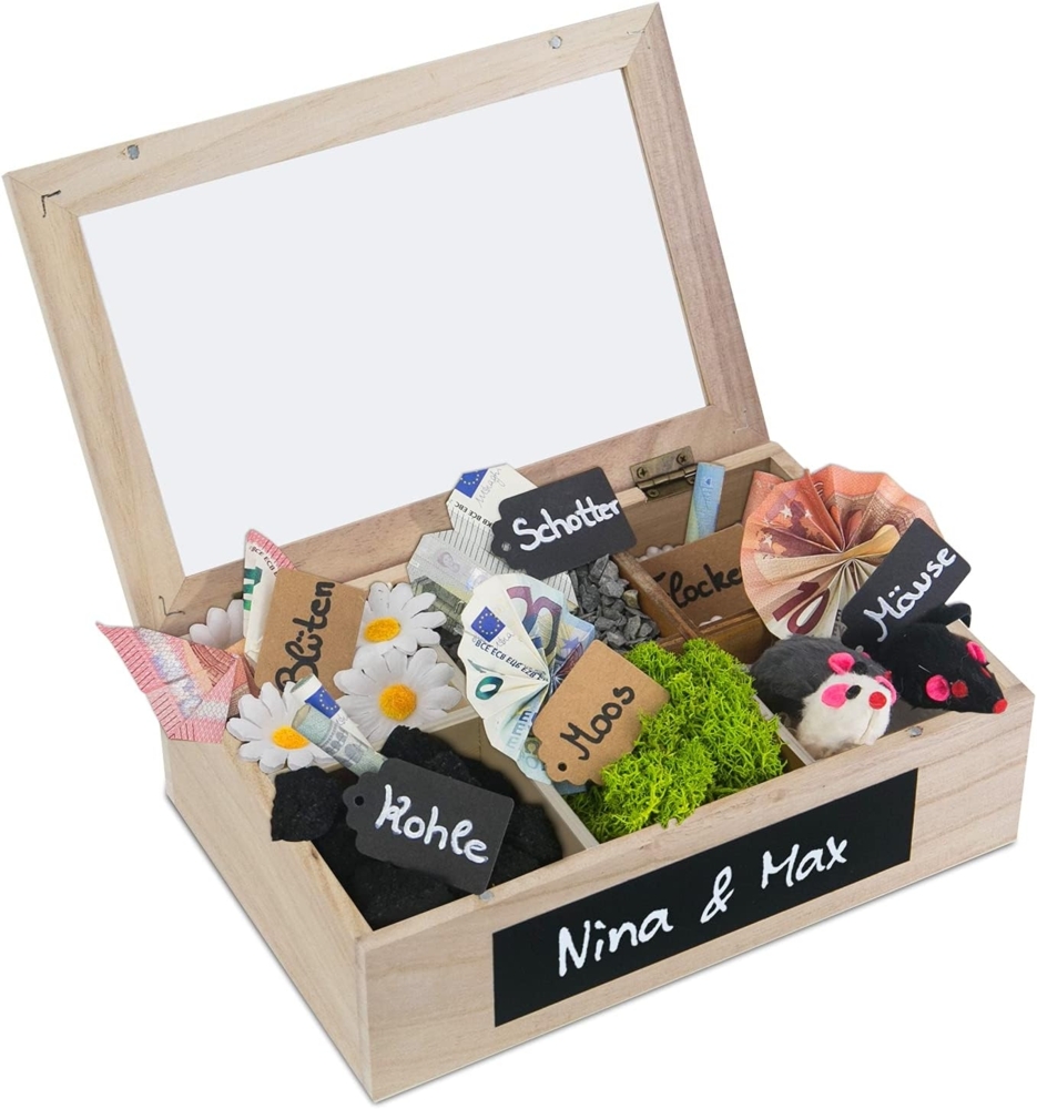 SURPRISA Geschenkbox Schotter-Schatulle Geldgeschenk, aus Paulownienholz, 6 Fächer, Geschenk zur Hochzeit, Geburtstag usw. Bild 1