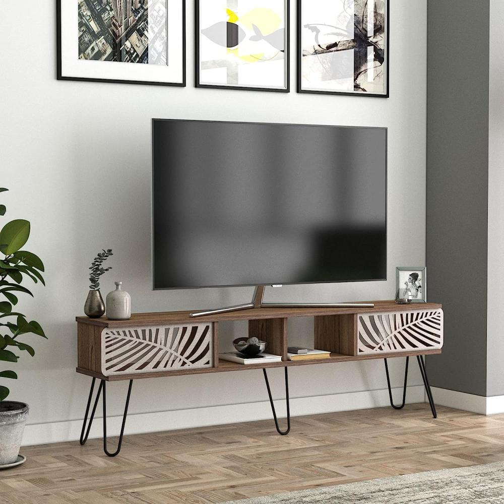 Fernsehtisch Salangen 160 x 30 x 49 cm Walnuss-Optik / Schwarz [en. casa] Bild 1