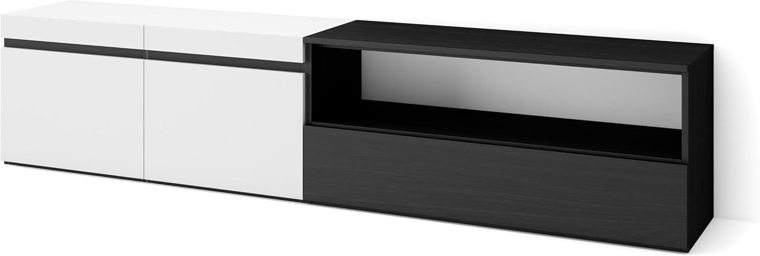 Skraut Home | TV-Schrank, Lowboard | für Wohnzimmer und Esszimmer | 200 x 45 x 35 cm | Für TV-Geräte bis zu 80" | Fernsehtisch | Moderner Stil | Weiß und Schwarz Bild 1