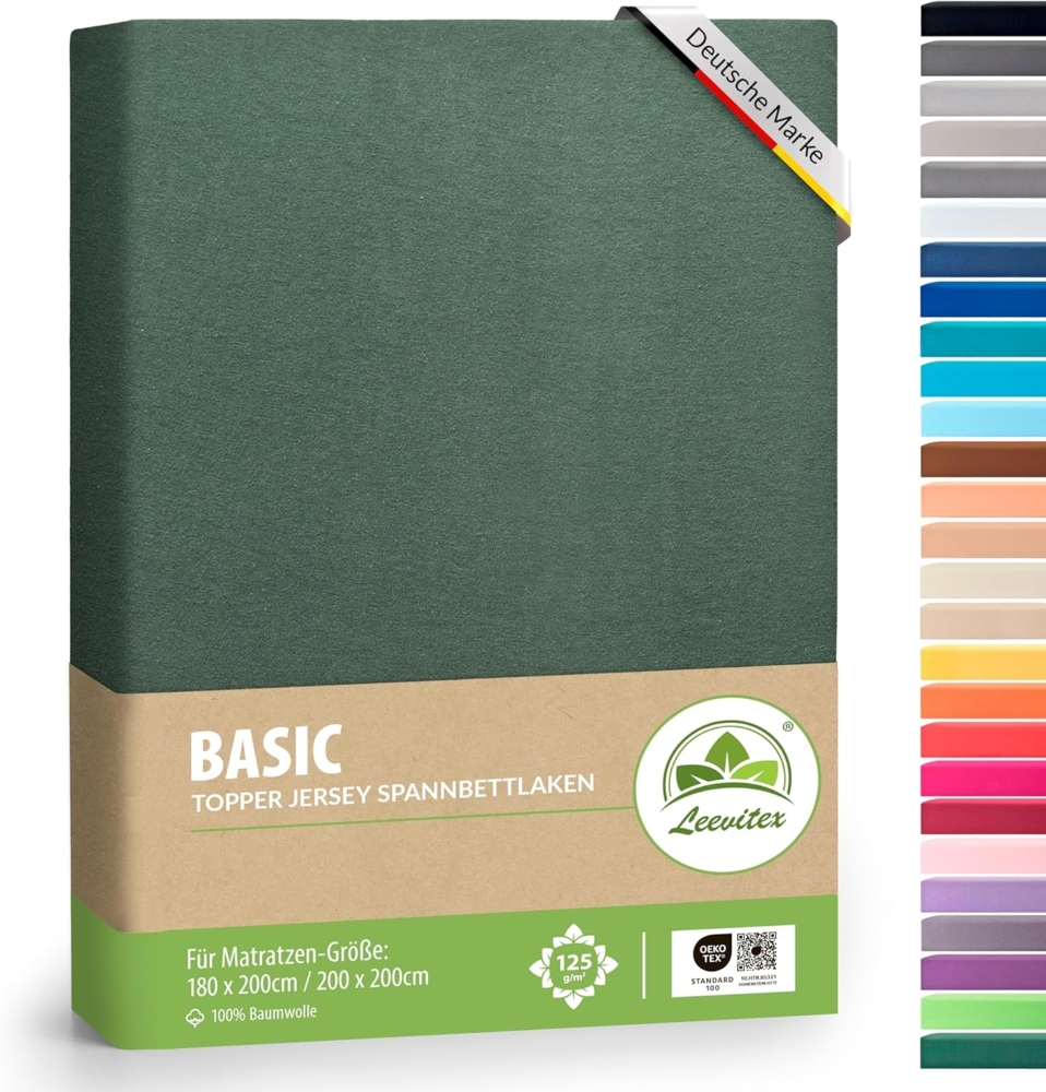 leevitex Topper Boxspringbett Spannbettlaken | 100% Baumwolle | Ökotex | 125 g/m² | 180x200 cm - 200x200 cm | Dunkelgrün/Tannengrün | 18 cm Steg Bild 1