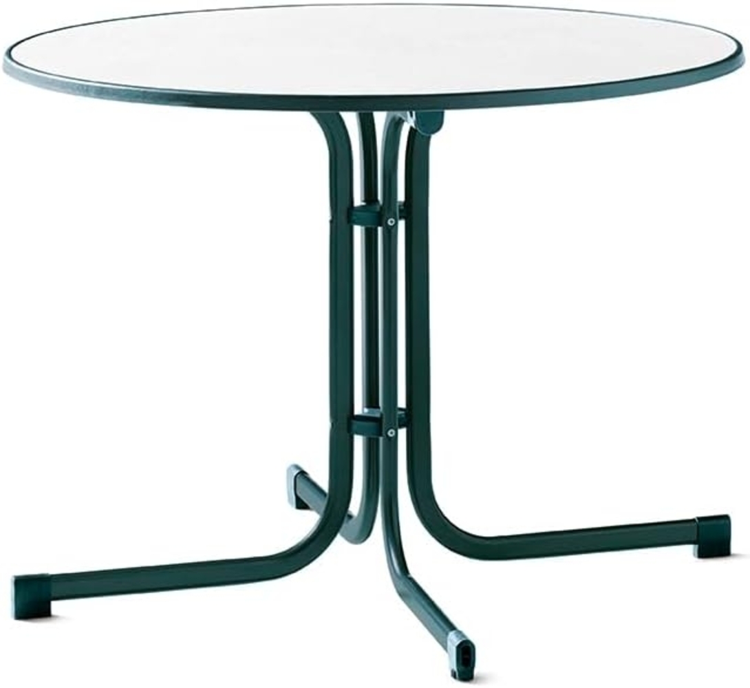 Sieger 136/S Boulevard-Klapptisch mit mecalit-Pro-Platte Ø 100 cm, Stahlrohrgestell smaragdgrün, Tischplatte Marmordekor weiß Bild 1
