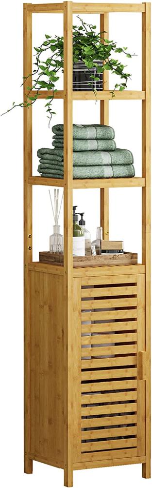 VIAGDO Hochschrank, Badezimmerschrank Bambus, Badschrank hoch mit 3 offene Fächern und Schrank, hoher Beistellschrank, Aufbewahrungsschrank, für Badezimmer, Flur, Küche, Wohnzimmer, 34 x 33 x 170 cm Bild 1