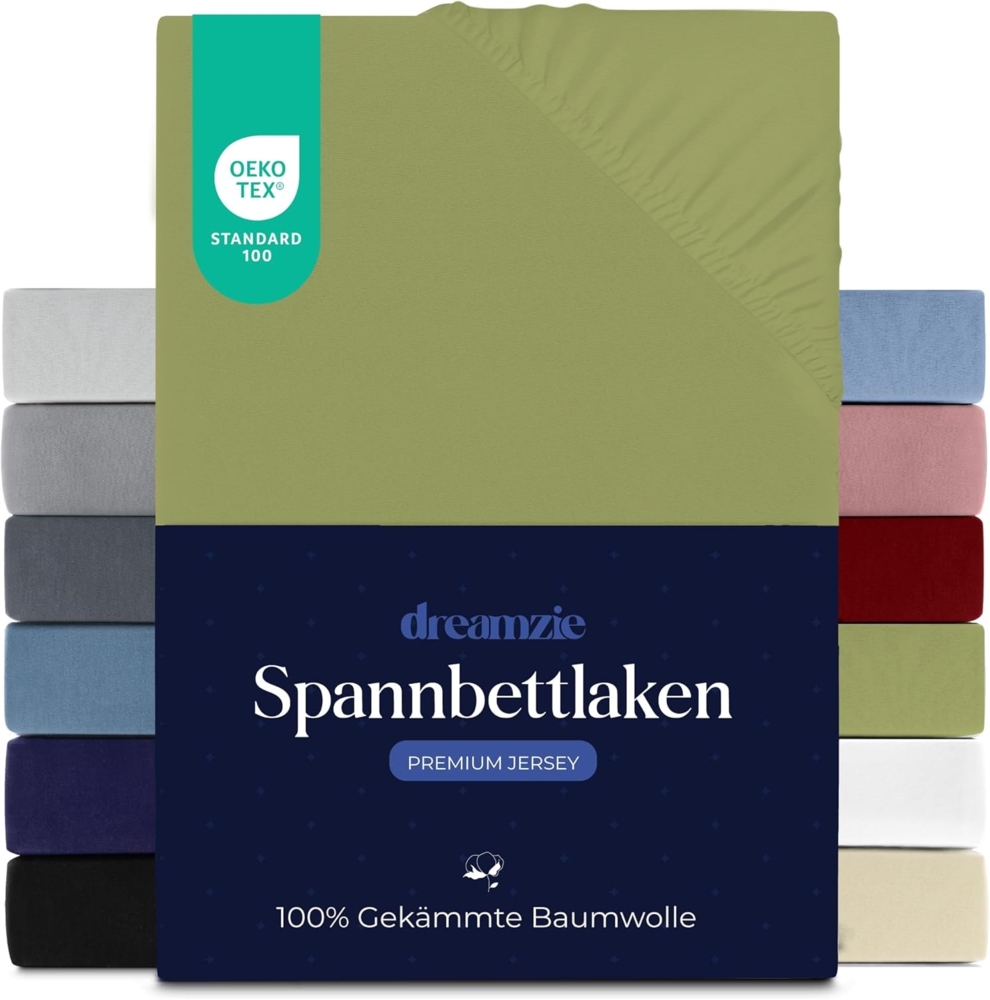 Dreamzie Premium Spannbettlaken 70x160 cm, Bettlaken 100% Jersey Baumwolle, Spannbetttuch für Dicke Matratzen bis zu 12 cm, 150 g/m², Oeko-TEX Zertifiziert - Anis Bild 1