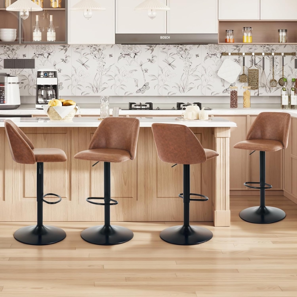 COLAMY Barhocker 4er Set mit Rückenlehne & 360° Drehfunktion, Höhenverstellbar (63,5-84,5 cm), Küchenhocker aus PU-Kunstleder, Stühle für Kücheninsel, Esszimmer oder Home-Bar, Braun Bild 1