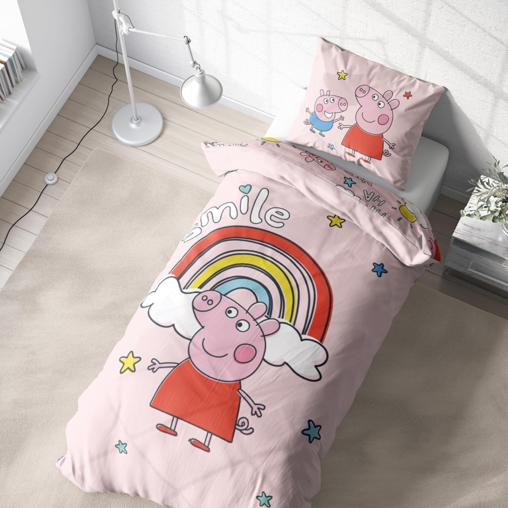 MTOnlinehandel Kinderbettwäsche Peppa Smile, 135x200 + 80x80 cm, Geschenkidee für Mädchen, Peppa Pig, Mikrofaser, 2 teilig, Peppa Wutz, George, rosa Bild 1