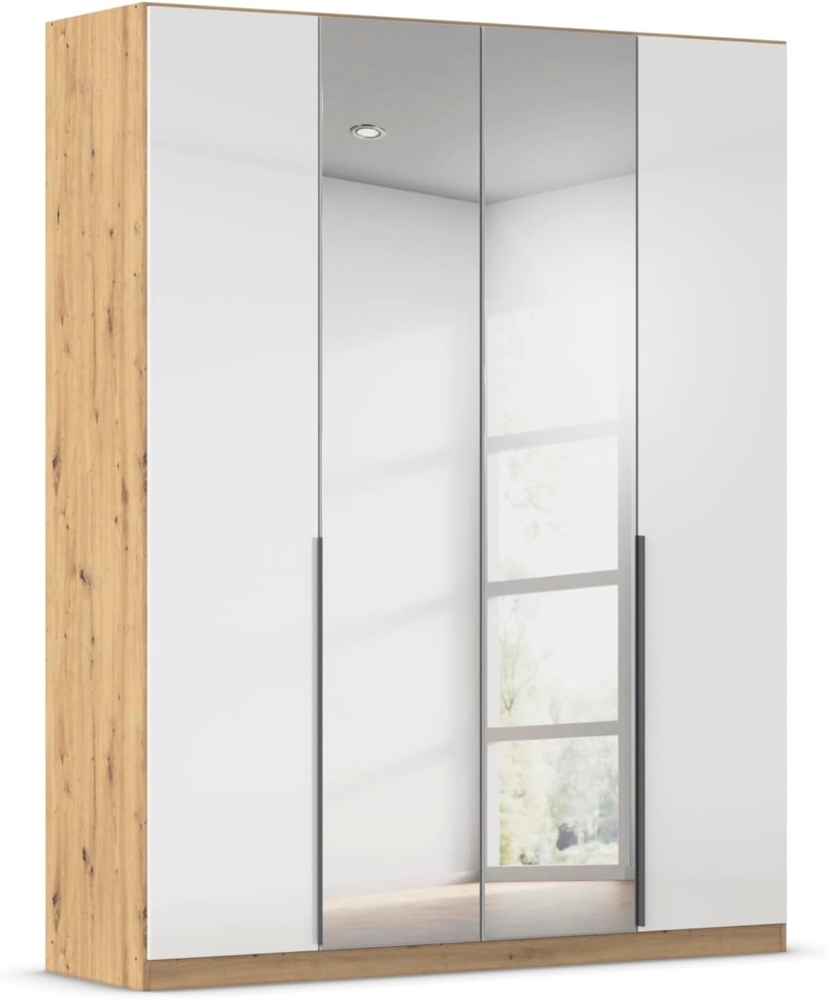Rauch Möbel Alabama, Kleiderschrank, Garderobenschrank, 4-türig, Spiegel, Zubehör Classic, 2 Kleiderstangen, 7 Einlegeböden, Farbe Hochglanz Weiß/Eiche Artisan, Holz, Griff Grau metallic, 181 x 229 x 54 cm Bild 1