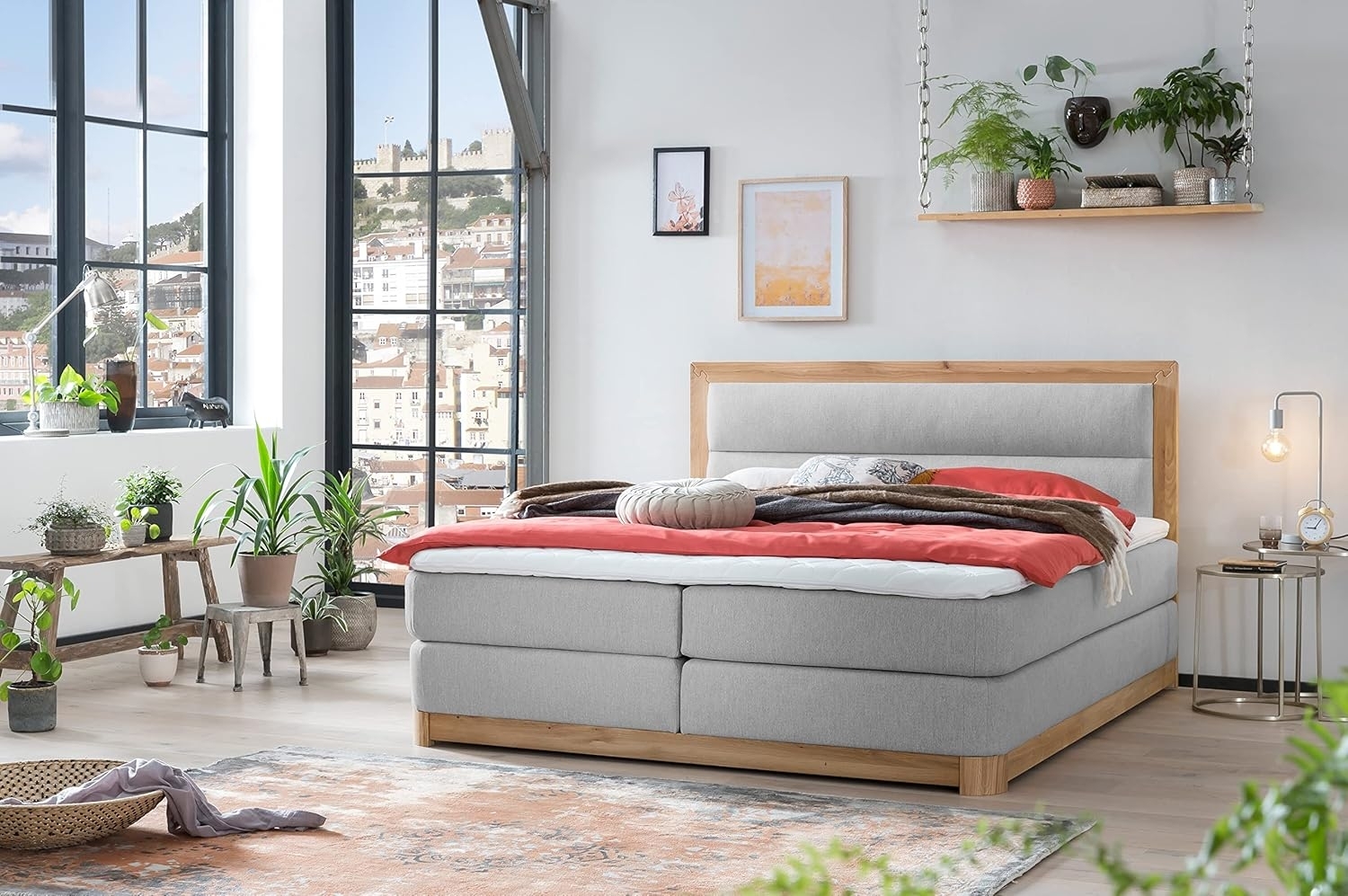 Belanoti Boxspringbett Age (Boxspringbett 180x200 Eiche 7-Zonen Taschenfederkern Matratze, inkl Visco Topper Bett 180x200 in der Farbe Hellgrau H2/H3 Polsterbett), Hotelbett mit Massivholz Eiche Massivholzbett Bild 1