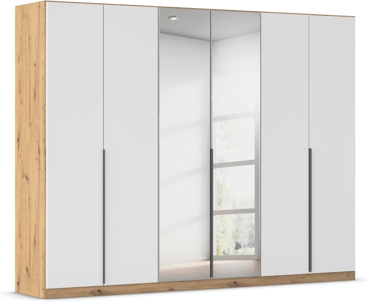 Rauch Möbel Alabama, Kleiderschrank, Garderobenschrank, 6-türig, Spiegel, Zubehör Basic, 3 Kleiderstangen, 3 Einlegeböden, Farbe Weiß/Eiche Artisan, Holz, Griff Grau metallic, 271 x 210 x 54 cm Bild 1