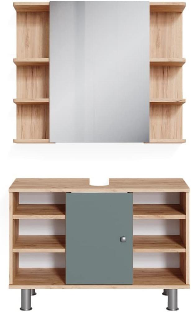 Vicco Badmöbelset Waschtischunterschrank 80 cm Spiegelschrank Fynn Eiche Grün Bild 1