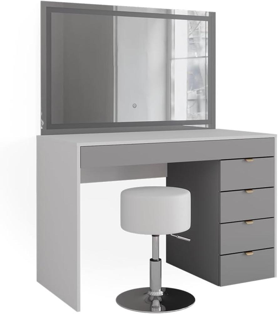 Vicco Schminktisch Elise Weiß Grau 115 x 76 cm modern Frisiertisch Schubladen LED-Spiegel Hocker Bild 1