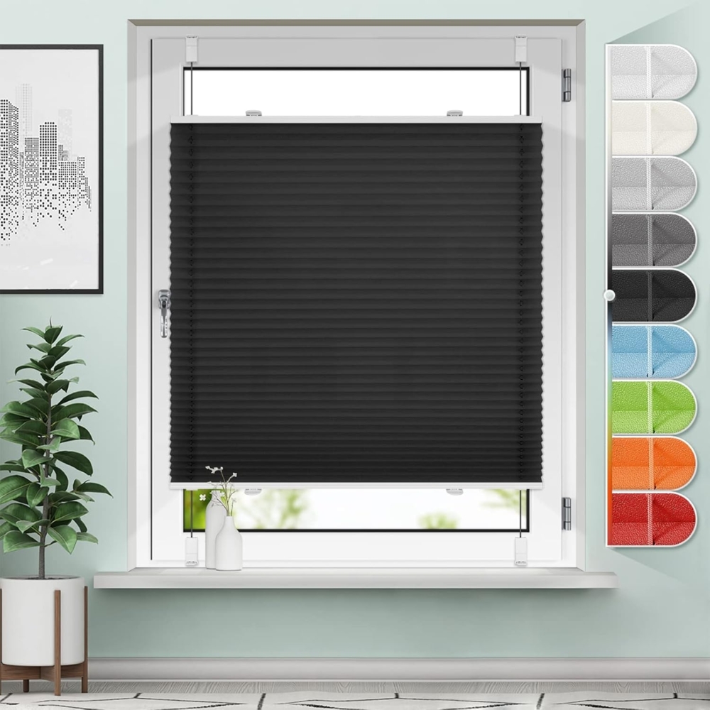 Sanfree Plissee Klemmfix Plisseerollo ohne Bohren Schwarz B80 x H120cm inkl. Klemmträger Blickdicht und lichtdurchlässig Jalousie Faltrollo Sichtschutz und Sonnenschutz Rollo für Fenster & Tür Bild 1