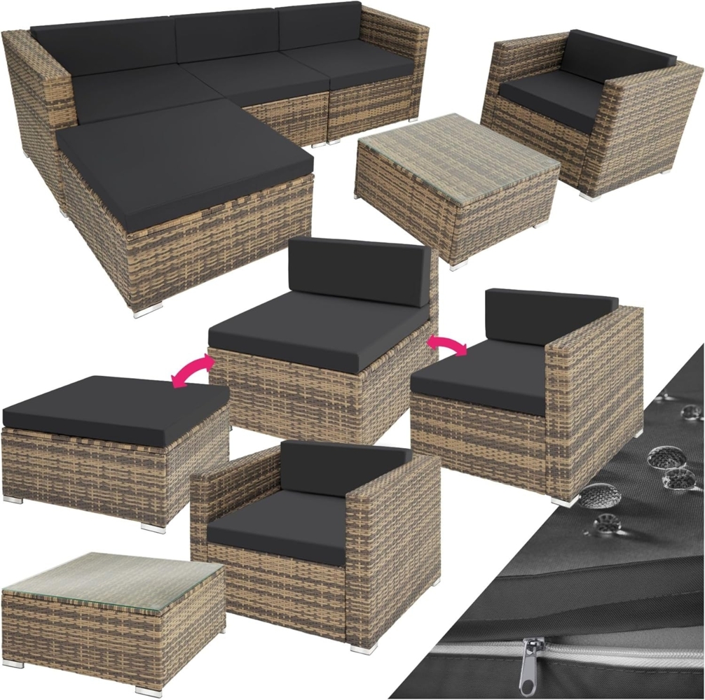 tectake Polyrattan Lounge Set Milano, Balkon Möbel/Rattan Gartenmöbel Set mit Sofa, Sessel und Tisch, Luxus Outdoor Gartenmöbel inkl. Sitz- und Rückenkissen - Natur Bild 1