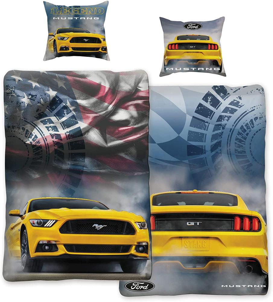 Ford Mustang Bettwäsche Legend Gelb / Blau 135 cm x 200 cm + 80 cm x 80 cm Stang Pony-US-Muscle-Car 100% Baumwolle in Renforcé-Linon-Qualität Shelby GT 2 Motive Wendebettwäsche Reißverschluss 008 Bild 1