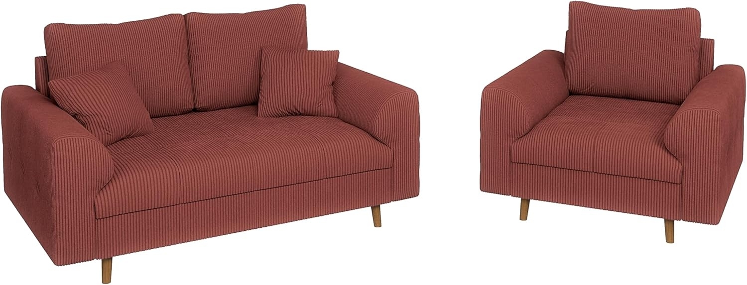 S-Style Möbel Polstergarnitur 2+1 Zara mit Braun Holzfüßen im skandinavischen Stil aus Cord-Stoff, (1x 2-Sitzer-Sofa, 1x Sessel), mit Wellenfederung Bild 1