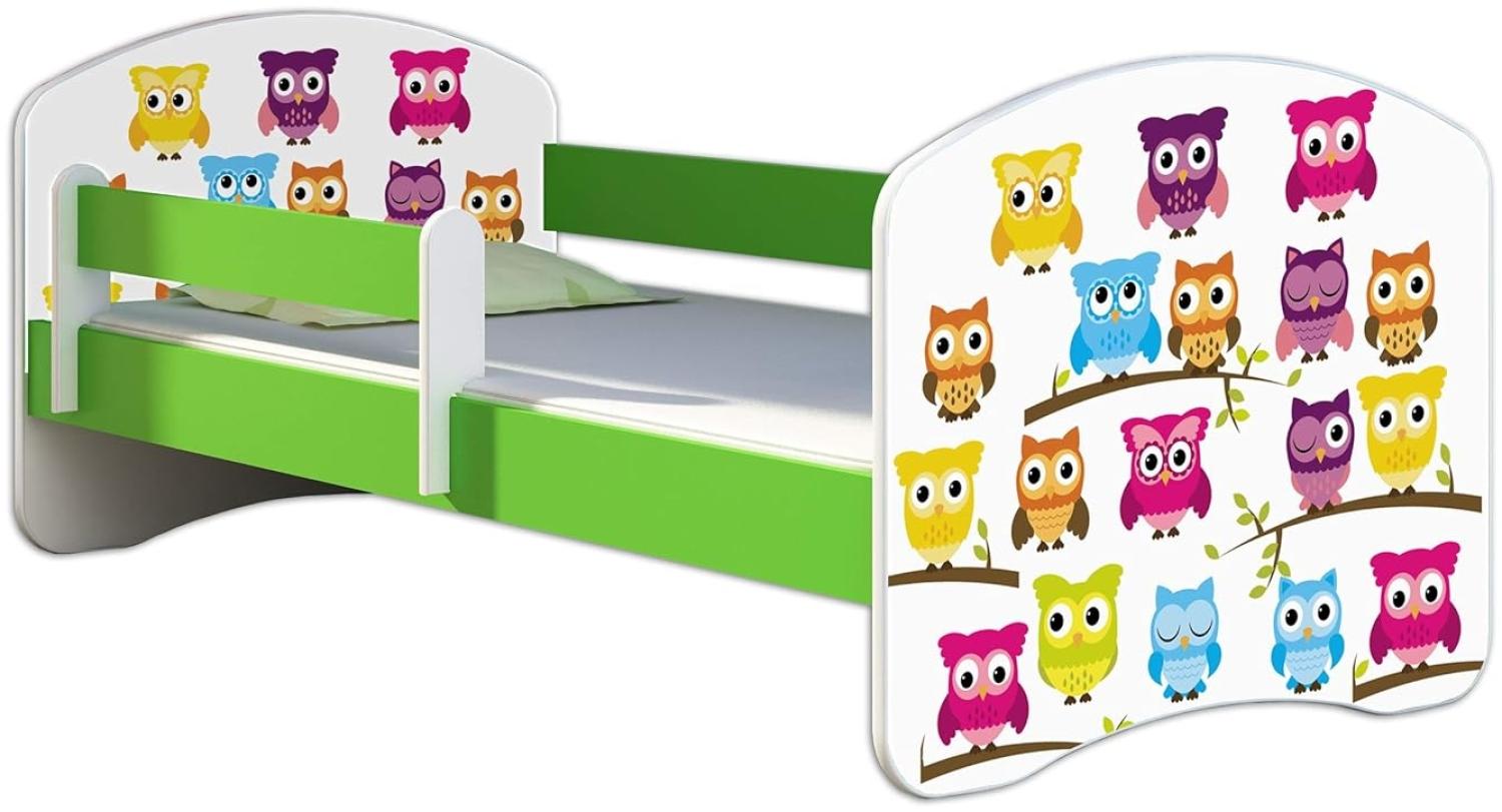 ACMA Kinderbett Jugendbett mit Einer Schublade und Matratze Grün mit Rausfallschutz Lattenrost II 140x70 160x80 180x80 (31 Eule, 160x80) Bild 1