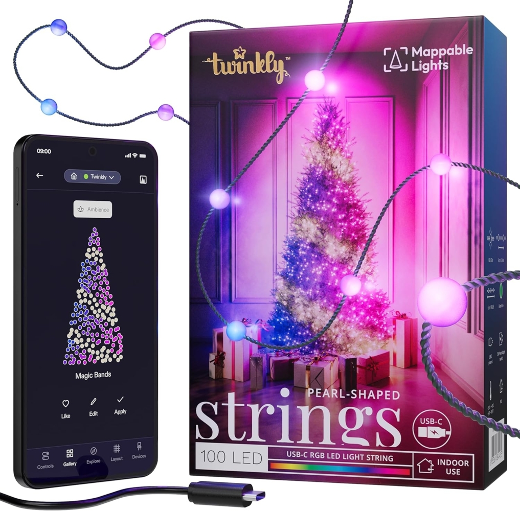 Twinkly Strings Pearls 100 LED, LED-Lichterkette in Perlenform, RGB LED-Lichter Mehrfarbig, Kompatibel mit Alexa & Google Home, Gaming-Lichter, Stromversorgung über USB-C, Grünes Kabel, 6m Bild 1