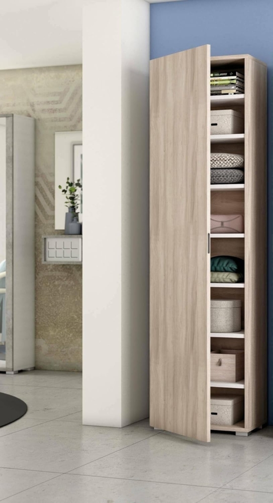 Dmora - Mehrzweckschrank 1 Tür Fiordaliso, linearer Schrank mit 1 Tür und 7 Regalen, Säule für Eingang oder Badezimmer, modernes Schuhregal, 100 % Made in Italy, 50 x 30 x 182 cm, Olmo Bild 1