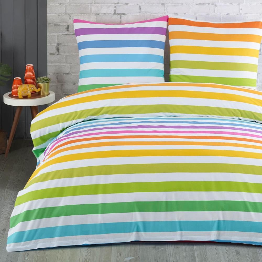 Buymax Bettwäsche Regenbogen, Rainbow, 100% Baumwolle Renforce, 2 teilig, 155x220 cm, mit Reißverschluss, Gestreift, Streifen Bunt Rot Weiß Gelb Bild 1