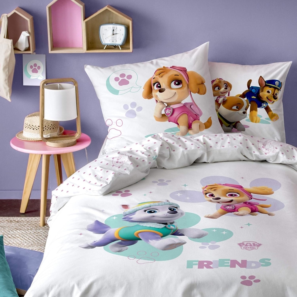 MTOnlinehandel Kinderbettwäsche Paw Patrol 135x200 + 80x80 cm, 100 % Baumwolle, Renforcé, 2 teilig, Bettwäsche-Set Skye & Everest für Kinder, Mädchen und Jungen Bild 1