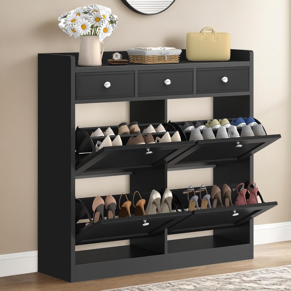 YITAHOME Schuhschrank, Schuhregal Schuhkipper Schmal, Schuhschrank schwarz mit 4 Klappen, Shoe Cabinet Schuhkommode schuhschrank mit Schublade für Eingangsbereich, Flur (schwarz) Bild 1