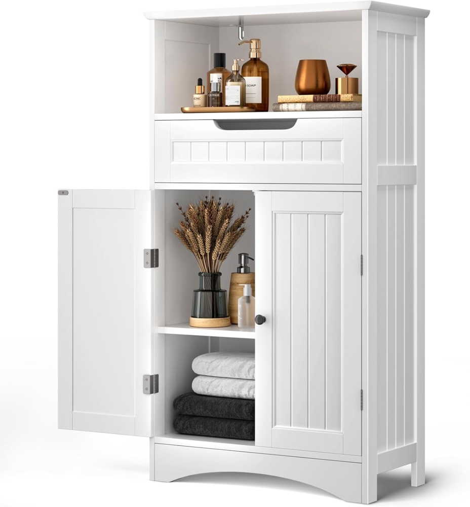 Bealife Badezimmerschrank, Badezimmer-Aufbewahrungsschränke mit großer Schublade, 2 Türen mit verstellbaren Regalen für Badezimmer, Wohnzimmer, Schlafzimmer, 108 x 60 x 30 cm, Weiß Bild 1