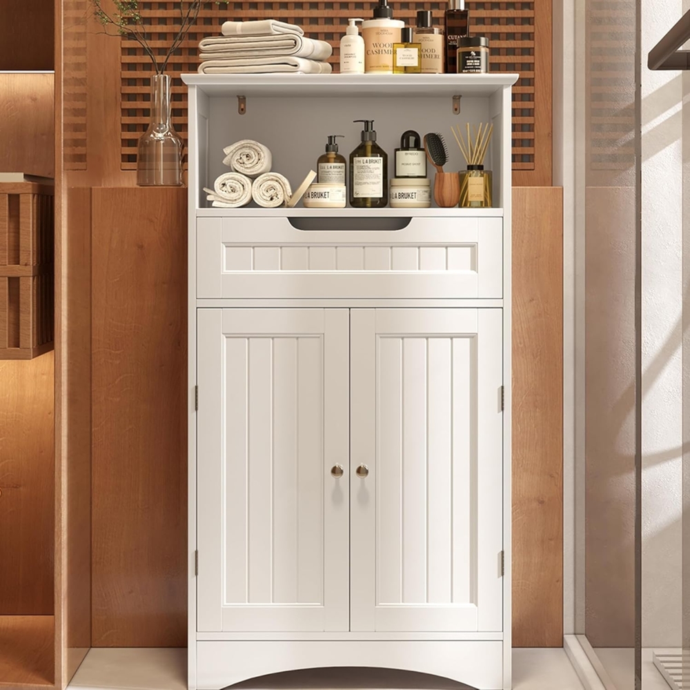 Bealife Badezimmerschrank, Badezimmer-Aufbewahrungsschränke mit großer Schublade, 2 Türen mit verstellbaren Regalen für Badezimmer, Wohnzimmer, Schlafzimmer, 108 x 60 x 30 cm, Weiß Bild 1